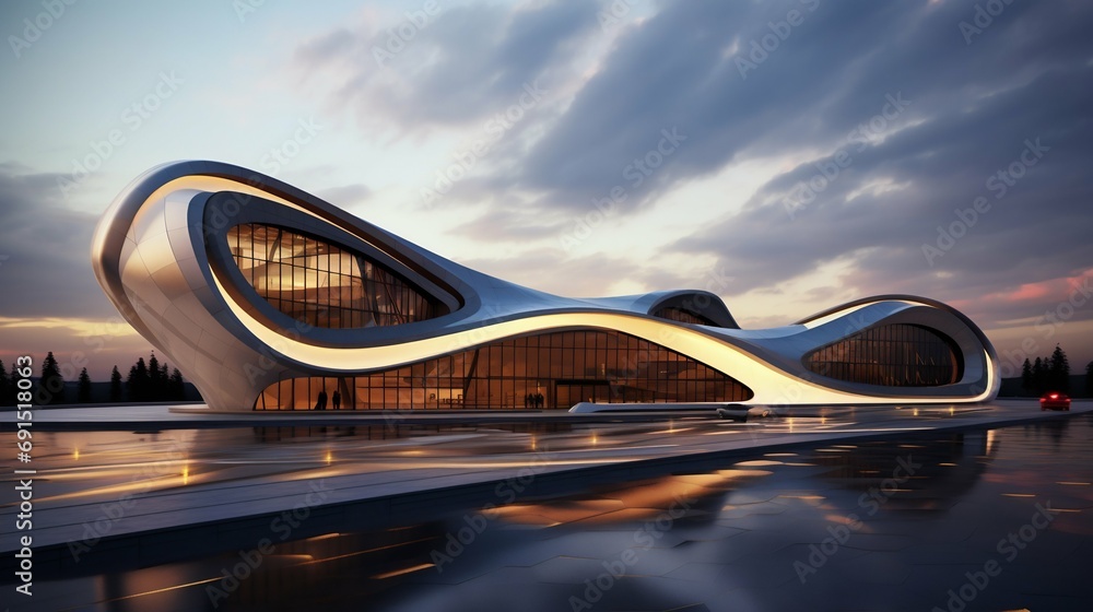 Obraz premium Futuristic Architecture Design at Dusk. Generative ai