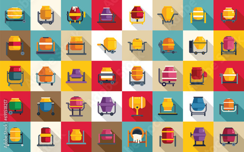 Cement mixer icons set flat vector. Concrete material mix. Site builder