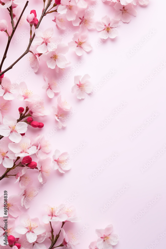 Banner with flowers on pink background. Greeting card template for Wedding, mothers or woman's day