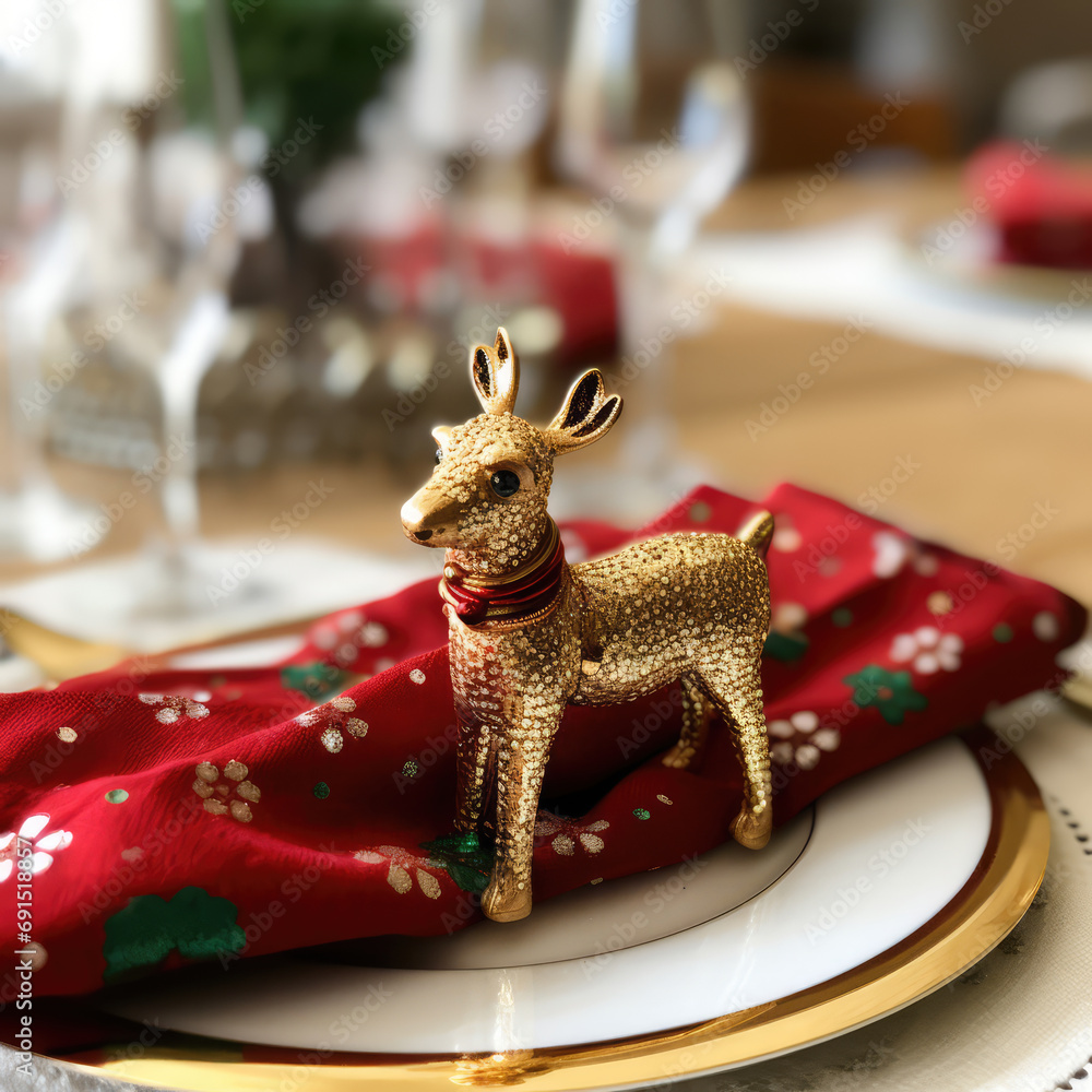 Red New Year's Eve napkin with a golden reindeer on the plate