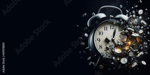 Alarm clock fragmentation fades away . black background. time out concept photo