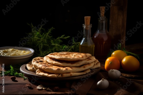 Homemade pita bread resting on an old wooden table in a traditional Greek kitchen