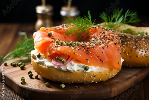 A classic New York style bagel with sesame seeds, accompanied by cream cheese and smoked salmon photo