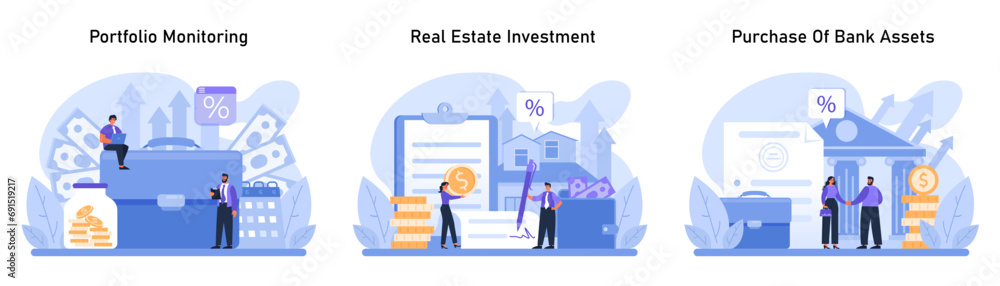 Asset Management Trio set. Tracking portfolio performance, exploring real estate investment opportunities, and engaging in bank asset acquisitions. A comprehensive financial strategy. Flat vector.