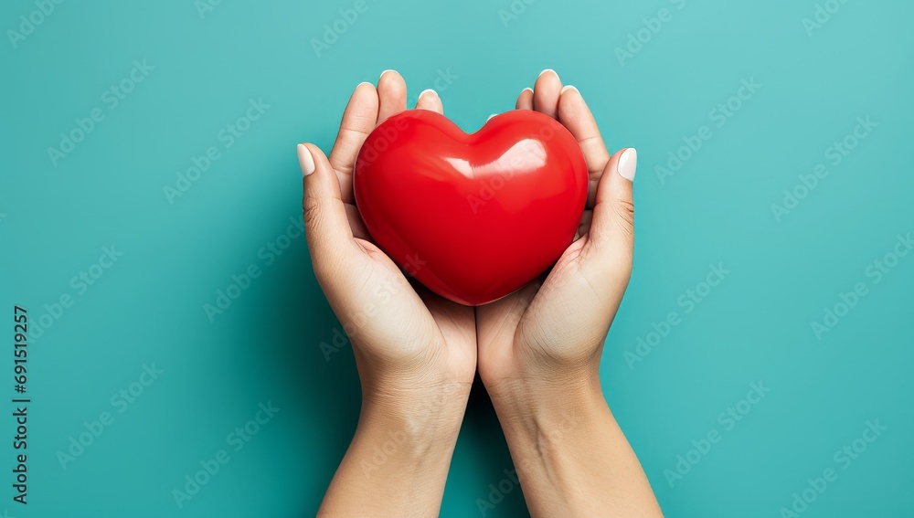 Hands holding red heart on isolate blue background. Health care love organ donation mindfulness wellbeing praying family insurance CSR and mental concept. World heart day and World health day Hands holding red heart on isolate blue background. Health care love organ donation mindfulness wellbeing praying family insurance CSR and mental concept. World heart day and World health day
