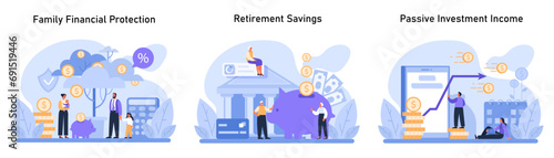 Secure future finances set. Safeguarding family wealth, accumulating retirement savings, and generating passive investment income. Fiscal responsibility depicted. Flat vector illustration