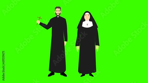 Wallpaper Mural Animation of a priest and a nun together on green background, religion, faith, catholic church. Torontodigital.ca