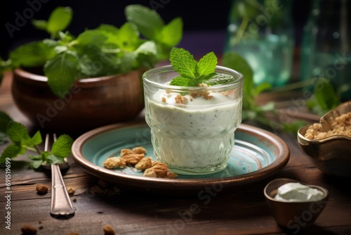 A tangy glass of Doogh, the beloved yogurt drink of Iran, adorned with dried mint and presented on a vintage wooden table photo