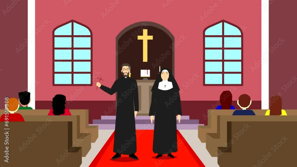Interior animation of a Catholic church ceremony with priest, nun and ...