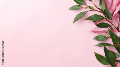 Banner with a pink ribbon symbolizing the fight against cancer met with green branches symbolizing life and hope, pink background with copy space