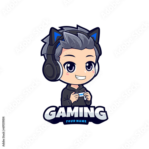 Cute chibi anime gamer boy esport logo streamer