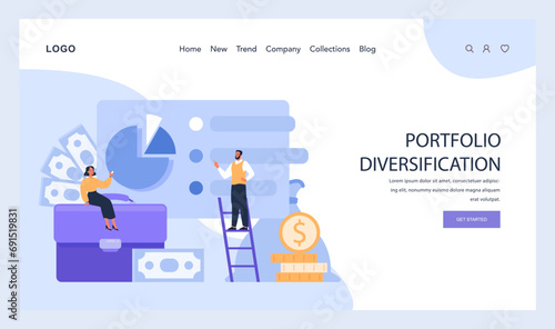 Portfolio Diversification web or landing. Balancing financial holdings to minimize risk. Strategic investment spread across various assets. Flat vector illustration