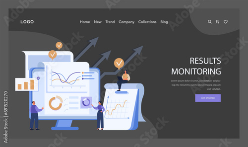 Results Monitoring concept. Professionals scrutinize data analytics for insights and performance metrics, essential in marketing strategy development. Data-driven decision-making. vector illustration
