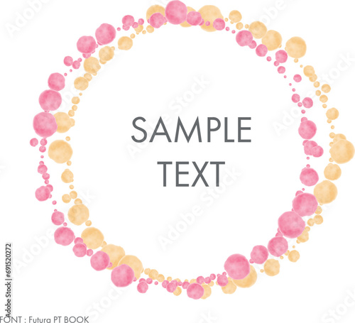 Hand-drawing watercolor pink and orange circle dots frame, vector illustration isolated on a transparent background.