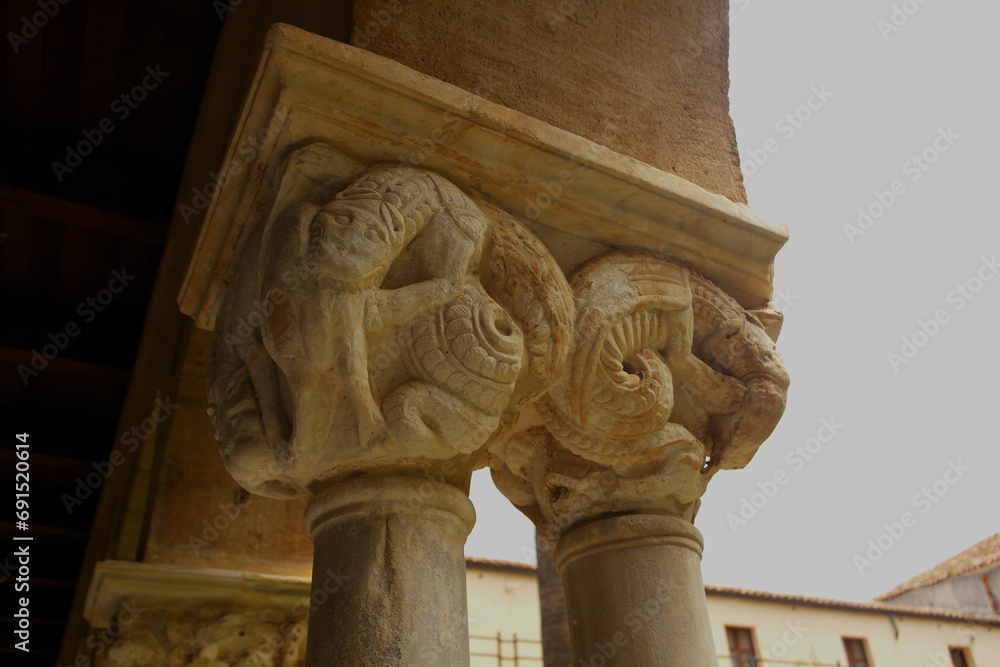View of the capitals of the columns of the cloister of the Cathedral of Cefalù, Sicily, Italy
