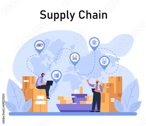 Supply Chain Dynamics concept. Global logistics network and distribution channels. Coordination of freight, warehousing, and shipping. Flat vector illustration