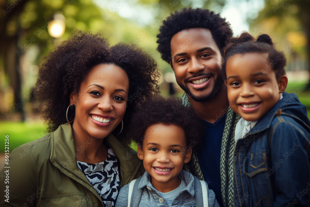 Smiling family, outdoor happiness, African American parents with children, unity Smiling family, outdoor happiness, African American parents with children, unity