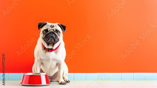 Hungry Pug dog with empty feeding bowl waiting for pet food. Indoor background with copy space. © Sunny_nsk