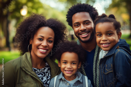 Smiling family, outdoor happiness, African American parents with children, unity