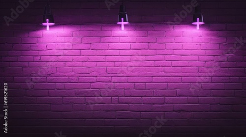  Neon light on an old brick wall. Close-up. Purple magenta background with space for design. Empty. Lighting effect. Grunge backdrop. generative AI.
