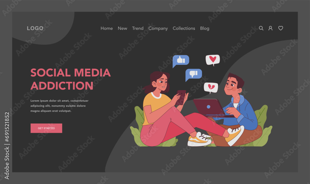 Digital Engagement concept. Two young adults immersed in social media platforms, showcasing the common habit of seeking validation through likes and comments. Flat vector illustration Digital Engagement concept. Two young adults immersed in social media platforms, showcasing the common habit of seeking validation through likes and comments. Flat vector illustration