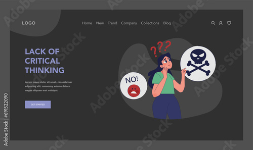 Lack of critical thinking concept. Confused woman amid misleading symbols, struggling to discern truth from false information. Navigating the challenges of misinformation. Flat vector illustration