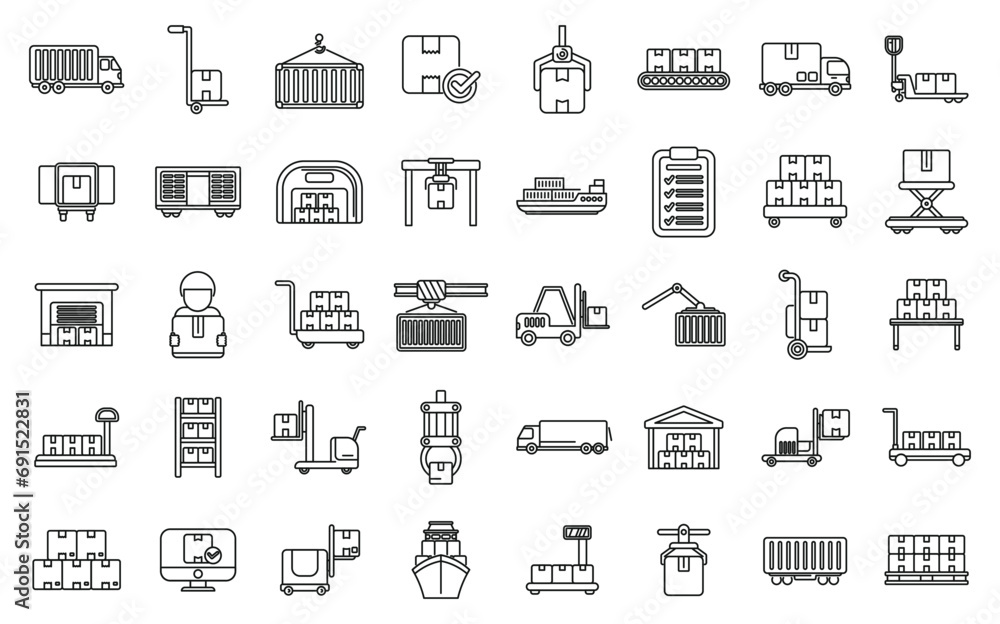 Obraz premium Loading of goods icons set outline vector. Delivery package box. Container equipment