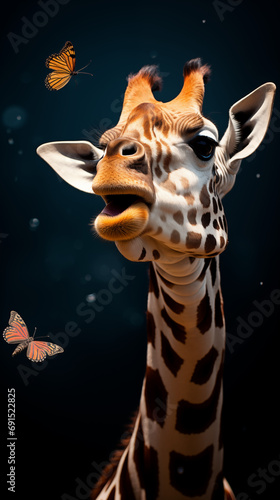A giraffe with butterflies around her head.