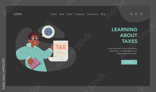 Tax Education concept. A perplexed young boy confronts the complexities of taxes, symbolized by a frowning emoticon, learning a crucial life skill. Flat vector illustration