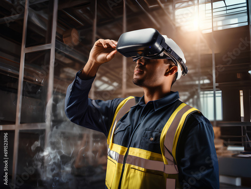 A futuristic architectural engineer, civil engineer wearing an augmented reality headset and overalls on a construction site, the bokeh effect.  photo