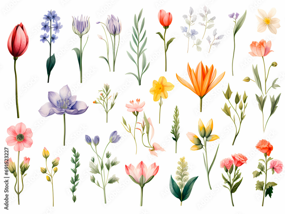 Set of spring flowers isolated on white background. Set of spring flowers isolated on white background.