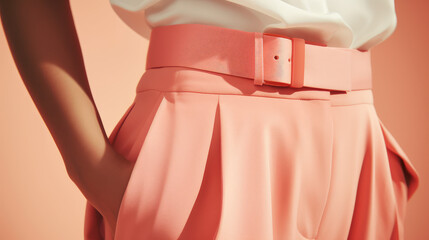 Crédence de cuisine Pantone 2024 Peach Fuzz Minimal concept fashion clothing in peach fuzz color, trend of 2024 year. Close-up of a detail of stylish skirt.  © SnowElf