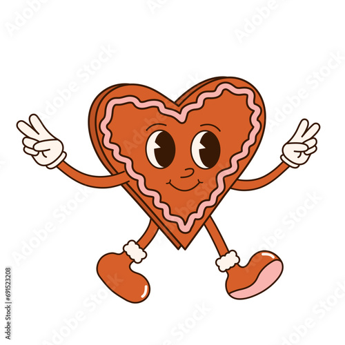 Groovy 70s Christmas sticker. Cartoon character in trendy retro style, comic mascot. Cute heart shaped gingerbread cookie