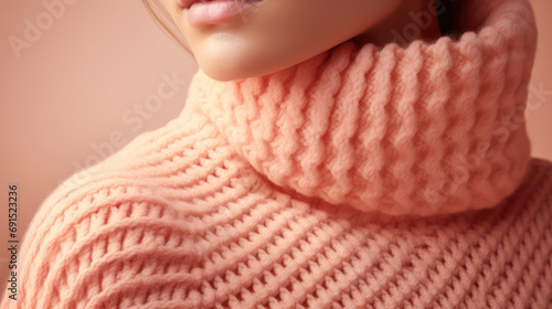 Minimal concept fashion clothing in peach fuzz color, trend of 2024 year. Close-up of a detail of stylish sweater. photo
