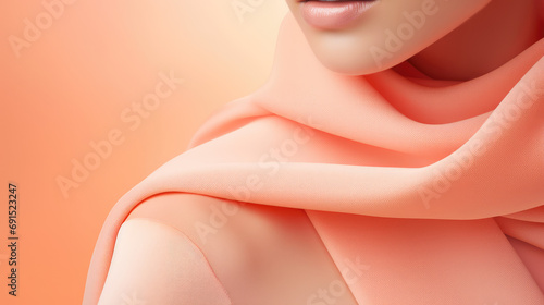Minimal concept fashion clothing in peach fuzz color, trend of 2024 year. Close-up of a detail of stylish clothes. photo