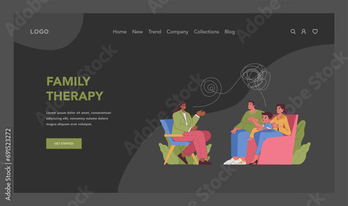 Family therapy dark or night mode web, landing. Parents and child engaging in conversation with therapist, unraveling tangled thoughts and emotions. Mutual care and support. Flat vector illustration