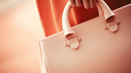 Crédence de cuisine Pantone 2024 Peach Fuzz Minimal concept female accessory fashion in peach fuzz color, trend of 2024 year. Close-up of a detail of stylish bag in woman hand.  © SnowElf