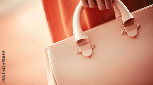Minimal concept female accessory fashion in peach fuzz color, trend of 2024 year. Close-up of a detail of stylish bag in woman hand.
