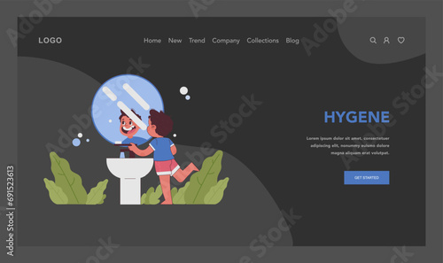 Daily hygiene routine concept. Cheerful young boy brushes teeth, seeing reflection in mirror, starting day with fresh smile. Essential self care, morning wash. Flat vector illustration