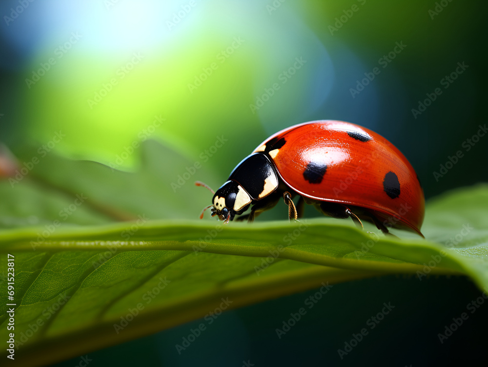 Macro shots Beautiful ladybug on flower leaf defocused background