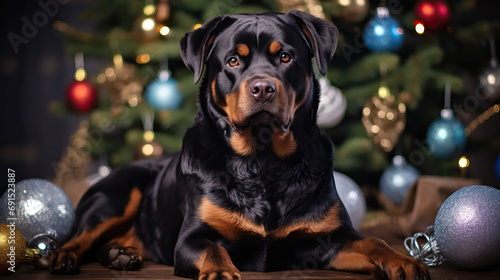 Rottweiler Dog near the Christmas Tree