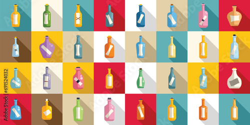 Message in the bottle icons set flat vector. Paper cork. Glass empty sea