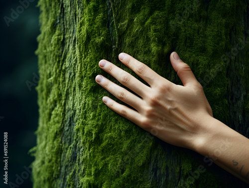 woman’s hand touches rough tree trunk covered by green moss