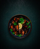 mussels in tomato sauce, homemade, no people,