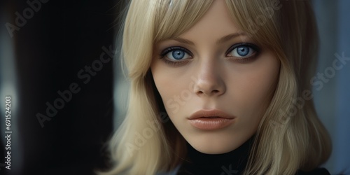 Beautiful Blonde Woman in the Pale Classic Blue Eyes Style - Retro 60s and 70s Fashion Background - Iconic Aesthetic Nostalgic Vintage Nordic Girl Wallpaper created with Generative AI Technology