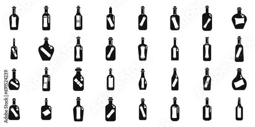 Message in the bottle icons set simple vector. Paper cork. Glass empty sea