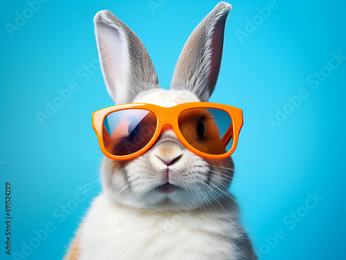 Cool bunny with sunglasses on blue background