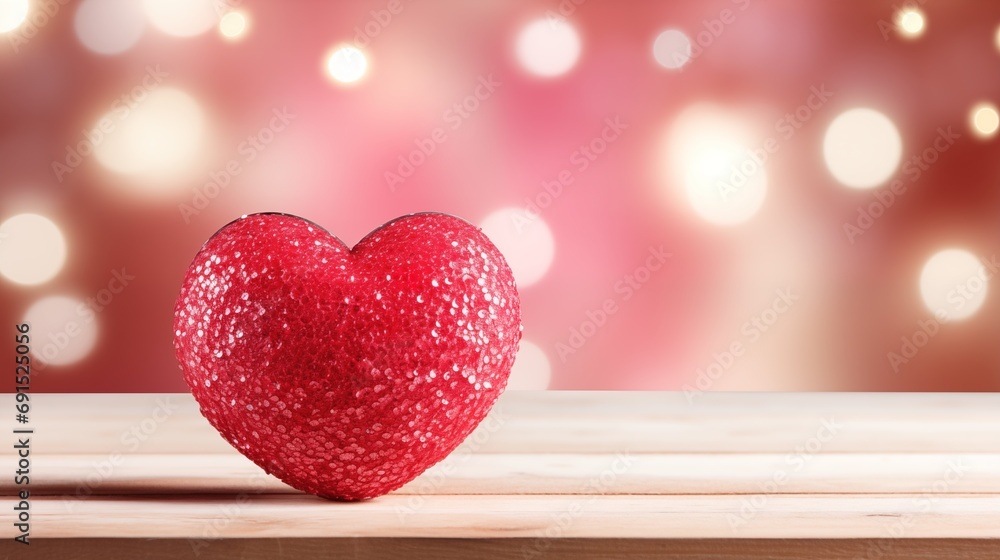 Red Sequined Heart on Wooden Table with Blurred Holiday Lights in the Background Red Sequined Heart on Wooden Table with Blurred Holiday Lights in the Background