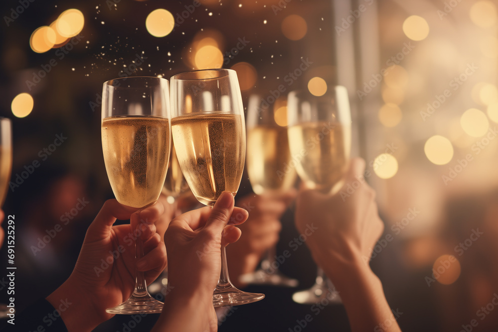 People holding glasses of champagne making a toast, Bokeh effect. Celebration christmas or new years eve party. 