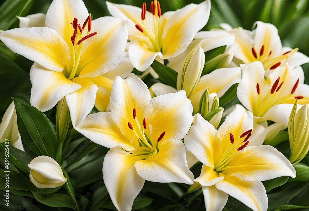Naklejka premium Beautiful lilies on white background, top view